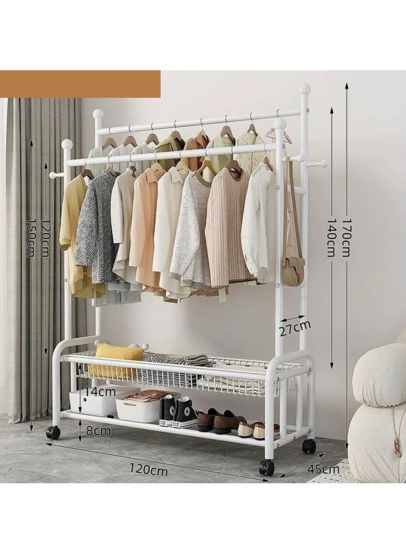 Living Extra Large White Metal Clothes Rack with Double Rods and Storage Shelves with Wheels 170 x 120 x 45 cm  - Image 1
