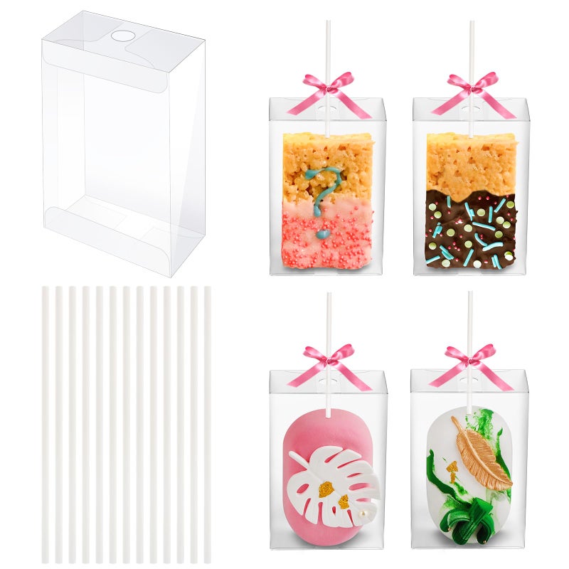 MGWOTH 35 Pack Rice Krispy Treats Boxes with Sticks Kit Clear Plastic Container with Hole for Small Cakesicles Marshmallow Square Cake Pop Crispy Treat Packaging Holder for Wedding Party Christmas - Image 2