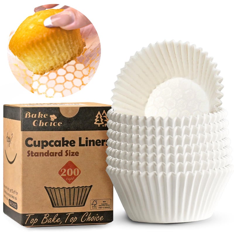 Bake Choice 200pcs Standard White Cupcake Liners for Baking, Upgraded Natural Muffin Liners, Balance Non-Stick & Non-Slip, Greaseproof Parchment Paper, Cupcake Wrapper for Party, Wedding, Christmas - Image 1