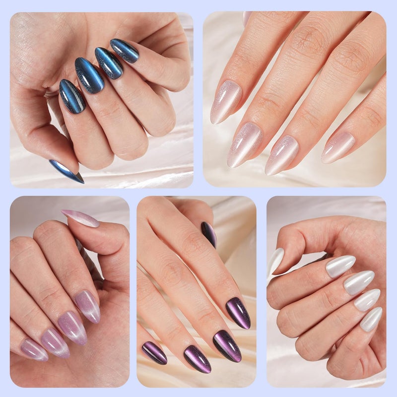 Plauva 150Pcs Cat Eye Press on Nails, Plauva Medium Almond Fake Nails, Glossy Glitter Cat Eye Nail Tips, Soft Gel Stick On Nails for Women and Girls 15 Sizes - Image 4