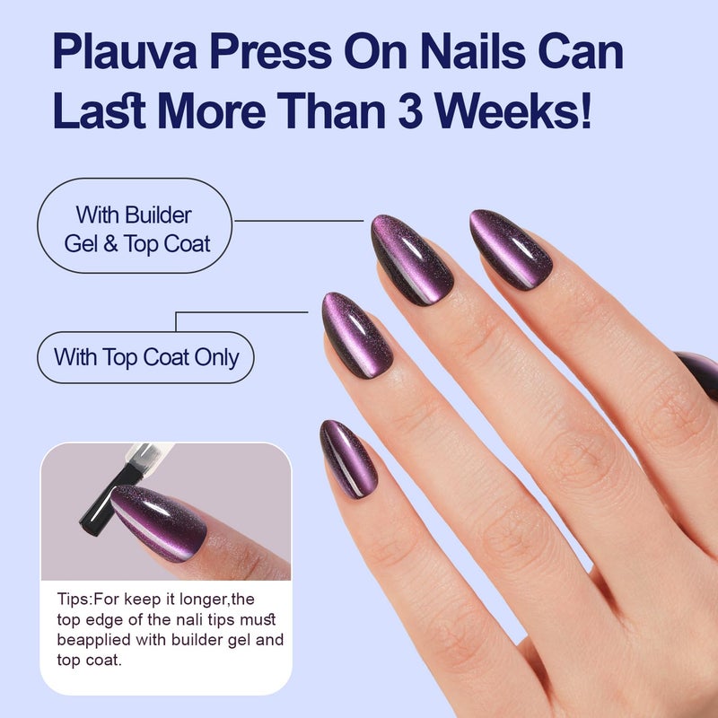 Plauva 150Pcs Cat Eye Press on Nails, Plauva Medium Almond Fake Nails, Glossy Glitter Cat Eye Nail Tips, Soft Gel Stick On Nails for Women and Girls 15 Sizes - Image 5