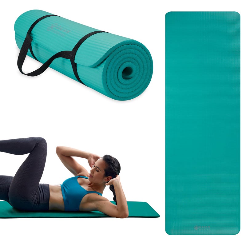 Gaiam Essentials Thick Yoga Mat Fitness & Exercise Mat With Easy-Cinch Carrier Strap, Teal, 72"L X 24"W X 2/5 Inch Thick - Image 1