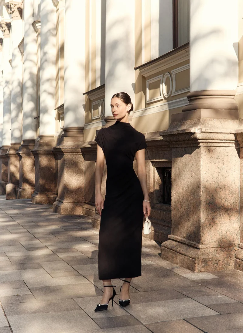 Lichi Knitted midi dress with stand-up collar and asymmetric gathers