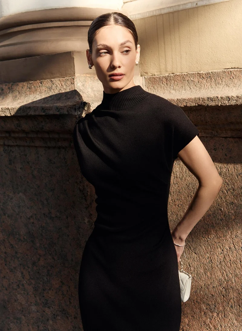 Lichi Knitted midi dress with stand-up collar and asymmetric gathers