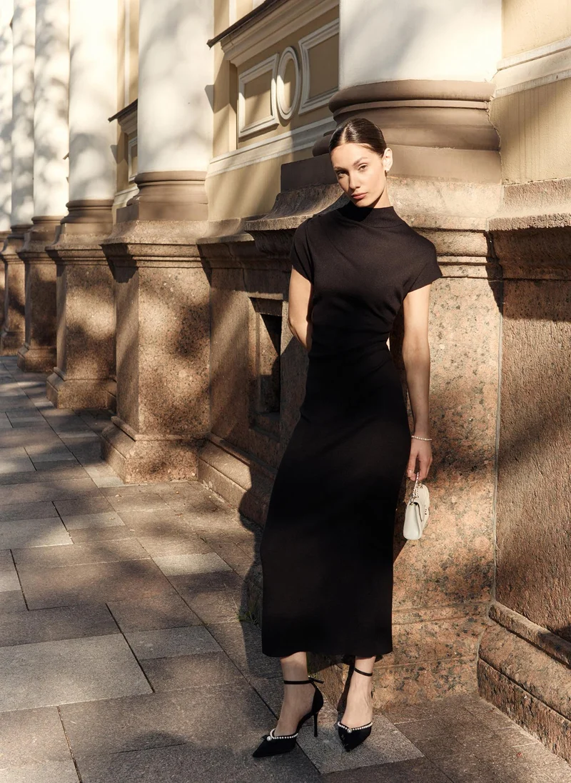 Lichi Knitted midi dress with stand-up collar and asymmetric gathers