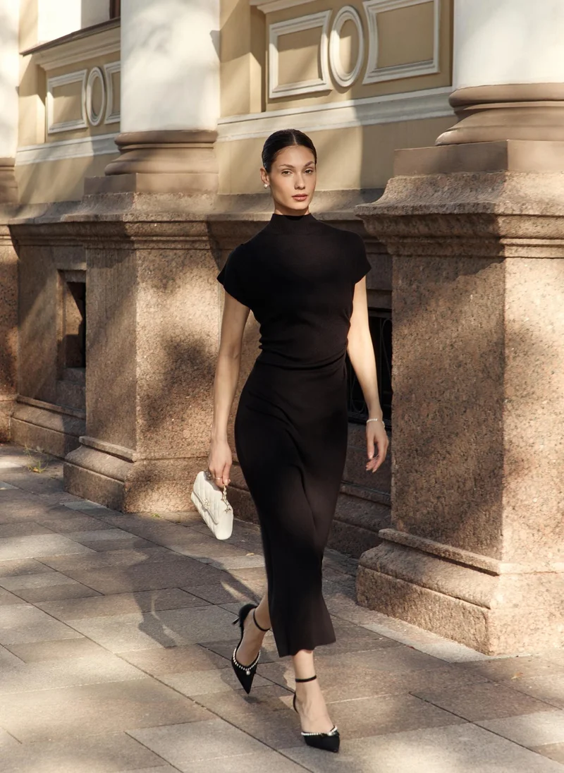 Lichi Knitted midi dress with stand-up collar and asymmetric gathers