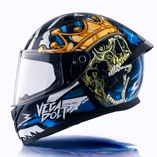 Vega Bolt Crown Men ISI Certified Full Face Motorcycle Helmet with Impact Resistant ABS Shell High Density EPS Liner Scratch Resistant Visor Quick Release Buckle Comfortable Inner Padding Black Blue Helmet-L - Image 1