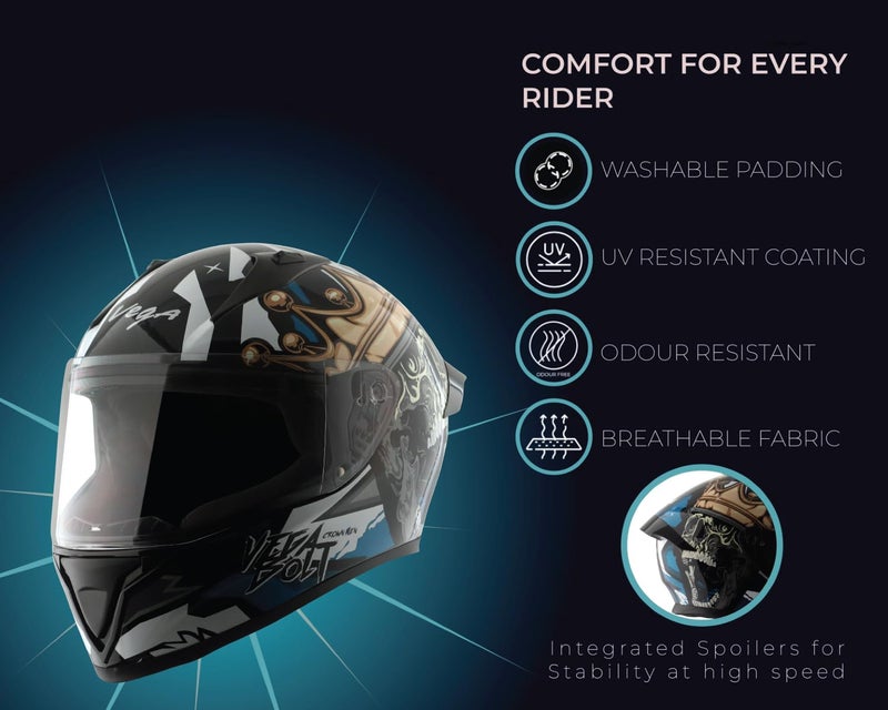 Vega Bolt Crown Men ISI Certified Full Face Motorcycle Helmet with Impact Resistant ABS Shell High Density EPS Liner Scratch Resistant Visor Quick Release Buckle Comfortable Inner Padding Black Blue Helmet-L - Image 2