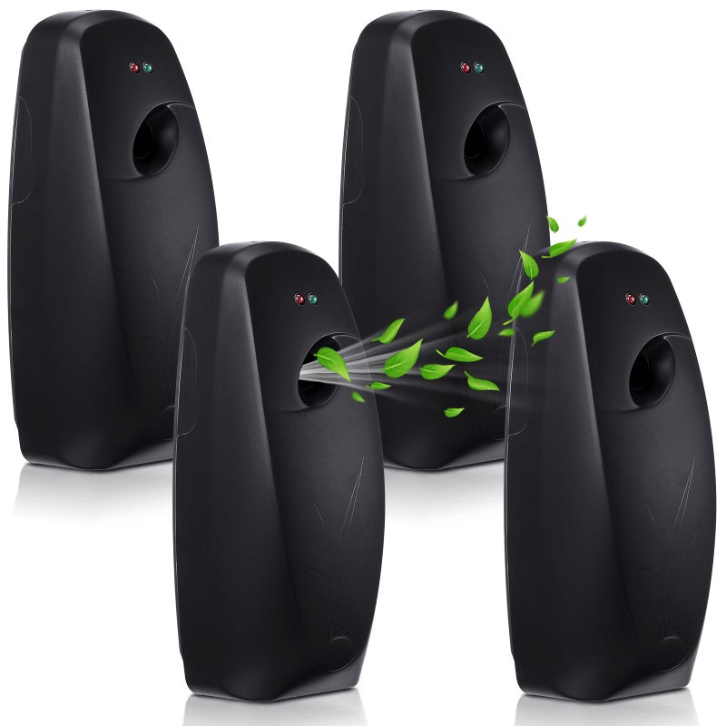 ماكس تشيك 4 قطع موزع بخاخ معطر هواء تلقائي مثبت على الحائط موزع بخاخ معطر هواء للحمام يعمل بالبطارية قائم بذاته للأماكن التجارية والغرف باللون الأسود