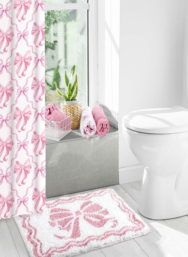 Fourluoo 18 Pcs Pink Bow Shower Curtain Set with 12 Decorative Shower Curtain Hooks Pink Bow Knot Bathroom Towels Coquette Non Slip Absorbent Microfiber Rug for Christmas Modern Aesthetic Bathroom - Image 2