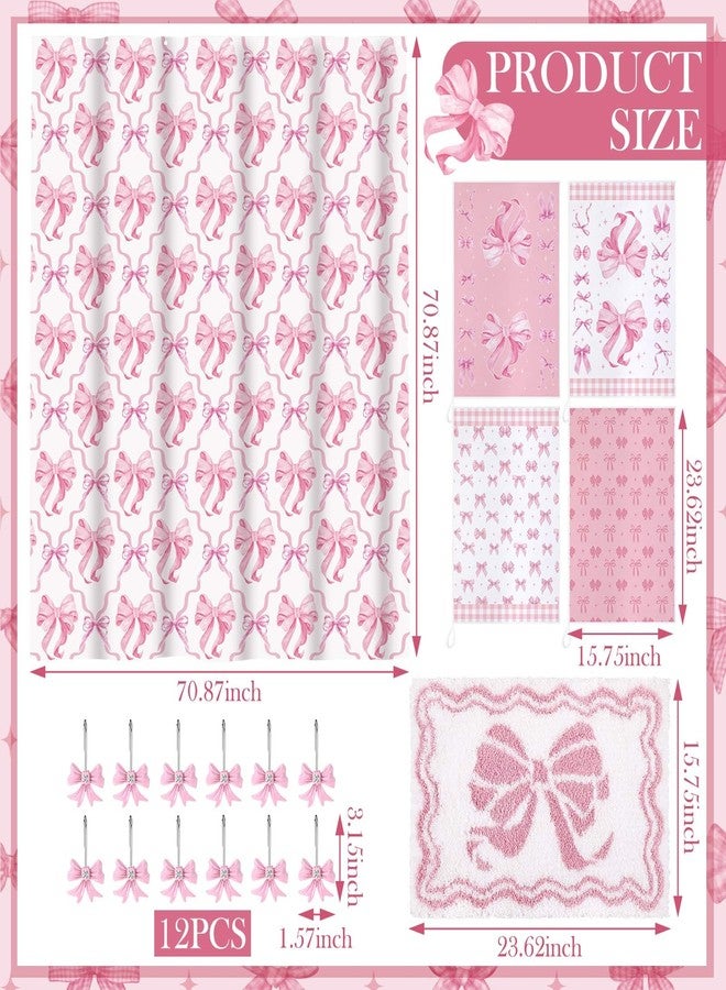 Fourluoo 18 Pcs Pink Bow Shower Curtain Set with 12 Decorative Shower Curtain Hooks Pink Bow Knot Bathroom Towels Coquette Non Slip Absorbent Microfiber Rug for Christmas Modern Aesthetic Bathroom - Image 3