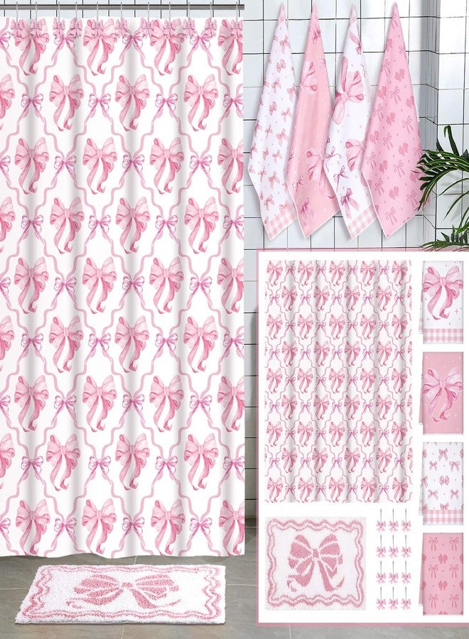 Fourluoo 18 Pcs Pink Bow Shower Curtain Set with 12 Decorative Shower Curtain Hooks Pink Bow Knot Bathroom Towels Coquette Non Slip Absorbent Microfiber Rug for Christmas Modern Aesthetic Bathroom - Image 1