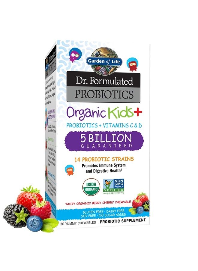 Garden of Life Dr. Formulated Probiotics for Kids, Organic Kids+ - Berry Cherry, 5 Billion CFU Chewable Probiotic Plus Vitamin C and D, Dairy Free Immune Digestive Health Supplement, 30 Chewables - Image 1
