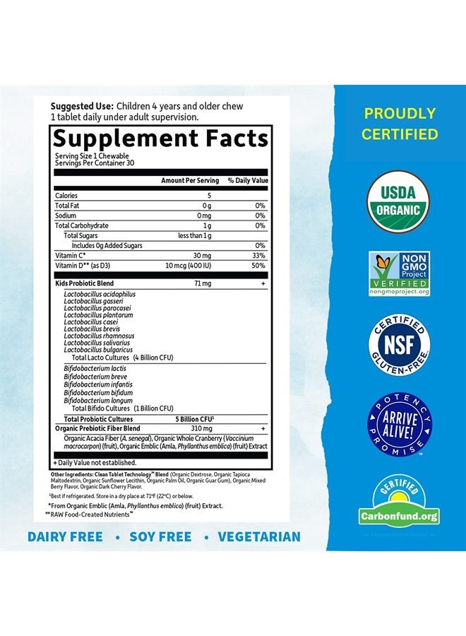 Garden of Life Dr. Formulated Probiotics for Kids, Organic Kids+ - Berry Cherry, 5 Billion CFU Chewable Probiotic Plus Vitamin C and D, Dairy Free Immune Digestive Health Supplement, 30 Chewables - Image 5