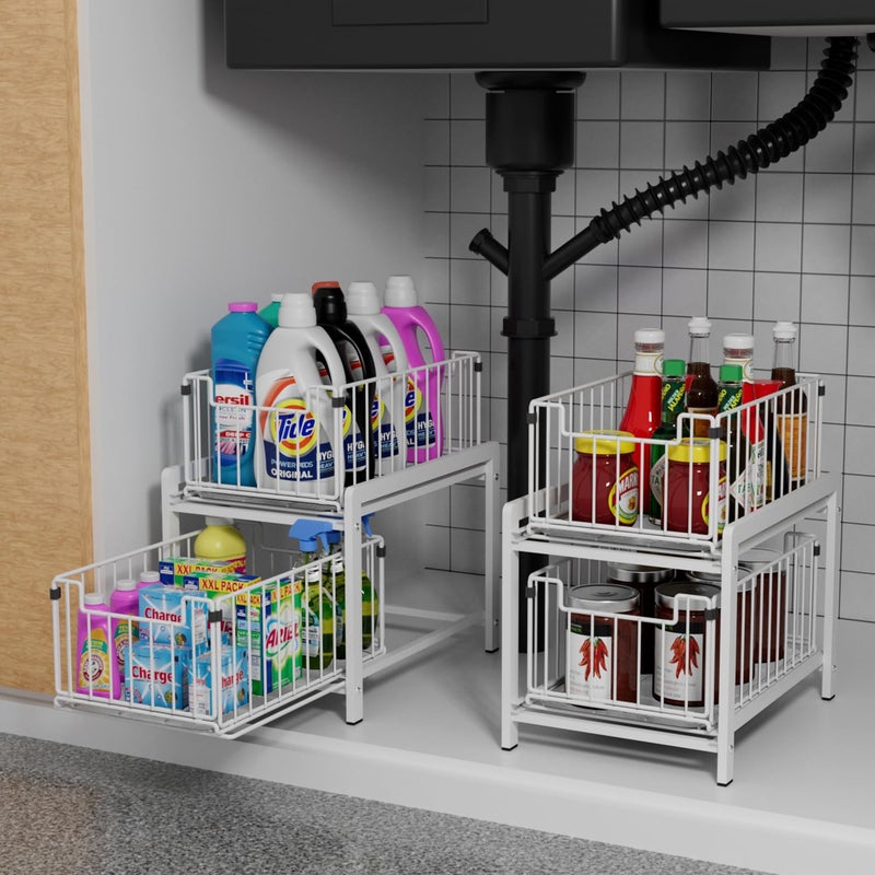Lxmons Lxmons 2 Tier Sliding Basket Drawer Organizer  Pull Out Under Sink Cabinets Organizers  Metal Home Shelf for Bathroom or Kitchen  Sliding Countertop or Pantry Storage Shelf  Large White  - Image 2