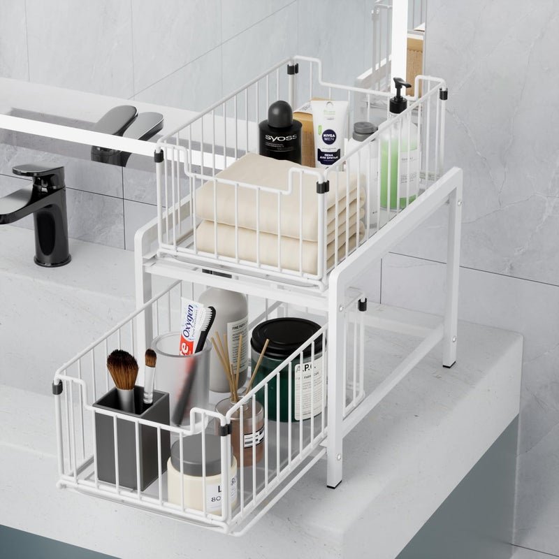 Lxmons Lxmons 2 Tier Sliding Basket Drawer Organizer  Pull Out Under Sink Cabinets Organizers  Metal Home Shelf for Bathroom or Kitchen  Sliding Countertop or Pantry Storage Shelf  Large White  - Image 5