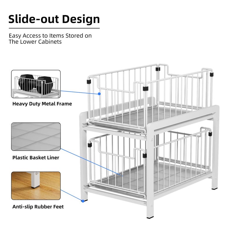 Lxmons Lxmons 2 Tier Sliding Basket Drawer Organizer  Pull Out Under Sink Cabinets Organizers  Metal Home Shelf for Bathroom or Kitchen  Sliding Countertop or Pantry Storage Shelf  Large White  - Image 3