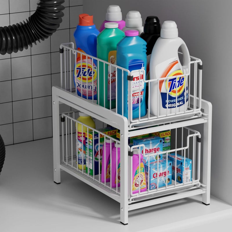 Lxmons Lxmons 2 Tier Sliding Basket Drawer Organizer  Pull Out Under Sink Cabinets Organizers  Metal Home Shelf for Bathroom or Kitchen  Sliding Countertop or Pantry Storage Shelf  Large White  - Image 1