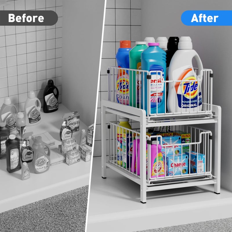 Lxmons Lxmons 2 Tier Sliding Basket Drawer Organizer  Pull Out Under Sink Cabinets Organizers  Metal Home Shelf for Bathroom or Kitchen  Sliding Countertop or Pantry Storage Shelf  Large White  - Image 4