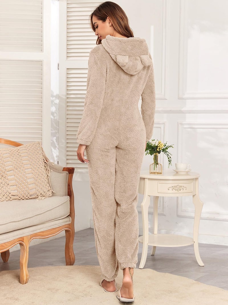 HOTIAN Fleece Onesie Pajamas for Women Fuzzy Sherpa Hooded Romper One Piece Winter Sleepwear Flannel Pajama Jumpsuit(Khaki-L) - Image 3
