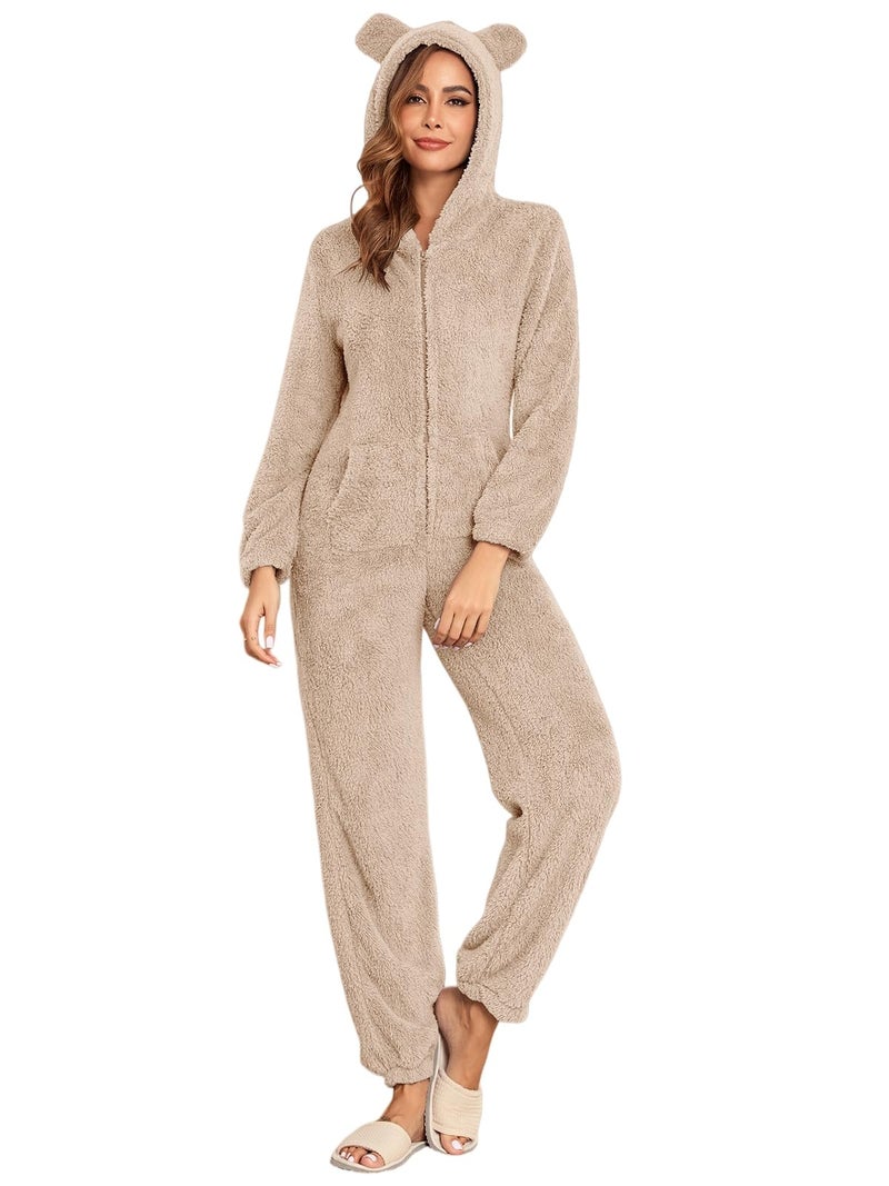 HOTIAN Fleece Onesie Pajamas for Women Fuzzy Sherpa Hooded Romper One Piece Winter Sleepwear Flannel Pajama Jumpsuit(Khaki-L) - Image 1