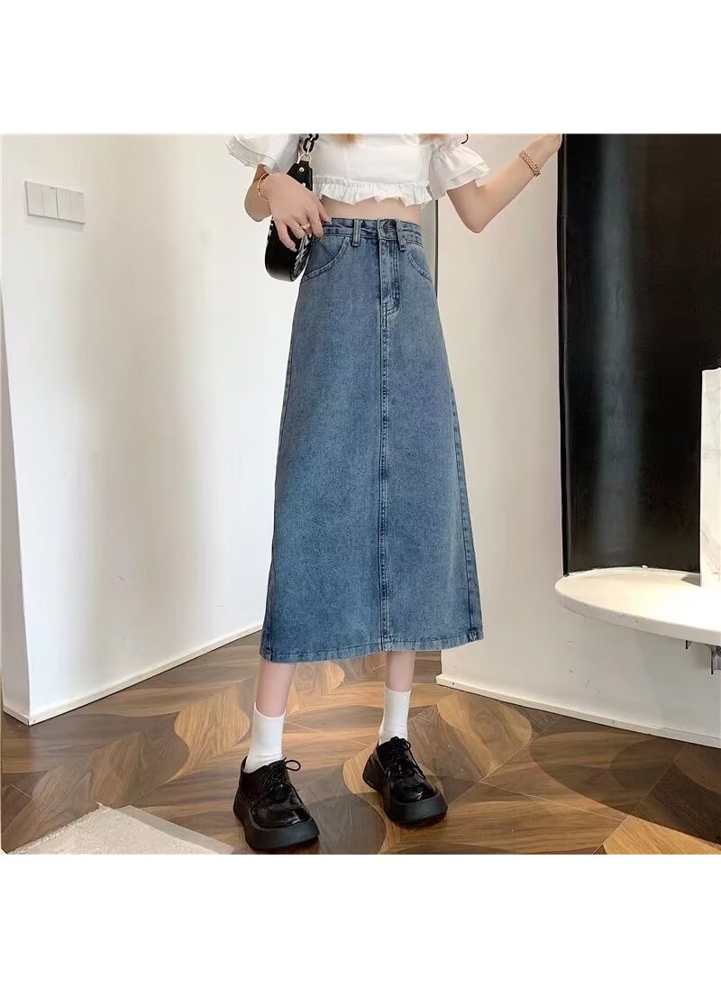 Generic - 2024 Denim Skirt A-Line Plus Size Slimming High Waist Midi Vintage blue - Image 1