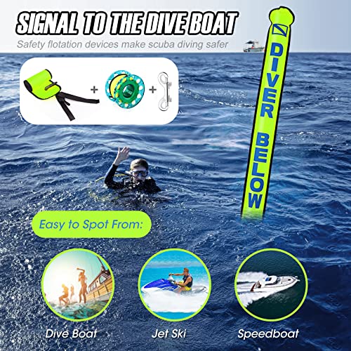 Owekfifv Surface Marker Buoy Set, 6ft Hi-Visibility Inflatable Closed Bottom Signal Tube Safety Sausage with 100ft/30m ABS Finger Spool Reel and Snap Kit for Underwater Scuba Diving (Hi-viz Fluorescent Yellow) - Image 3