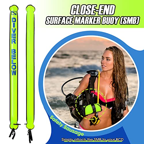 Owekfifv Surface Marker Buoy Set, 6ft Hi-Visibility Inflatable Closed Bottom Signal Tube Safety Sausage with 100ft/30m ABS Finger Spool Reel and Snap Kit for Underwater Scuba Diving (Hi-viz Fluorescent Yellow) - Image 2
