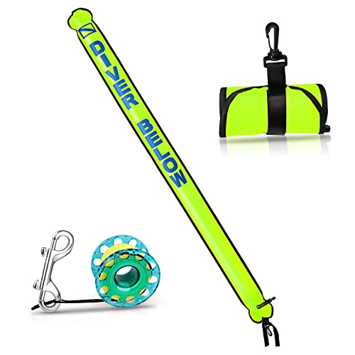 Owekfifv Surface Marker Buoy Set, 6ft Hi-Visibility Inflatable Closed Bottom Signal Tube Safety Sausage with 100ft/30m ABS Finger Spool Reel and Snap Kit for Underwater Scuba Diving (Hi-viz Fluorescent Yellow) - Image 1