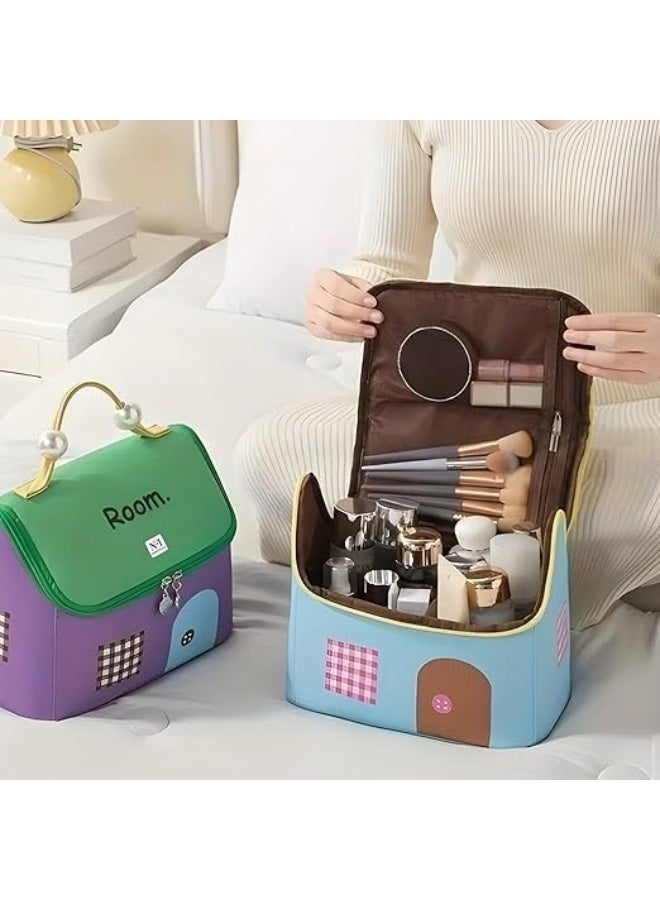 حقيبة أنيقة لتنظيم المكياج - حقيبة مستحضرات تجميل على شكل منزل للنساء والفتيات، حقيبة سفر مزودة بسحاب، تخزين محمول للمكياج والعناية بالبشرة والإكسسوارات، تصميم موفر للمساحة - Image 2