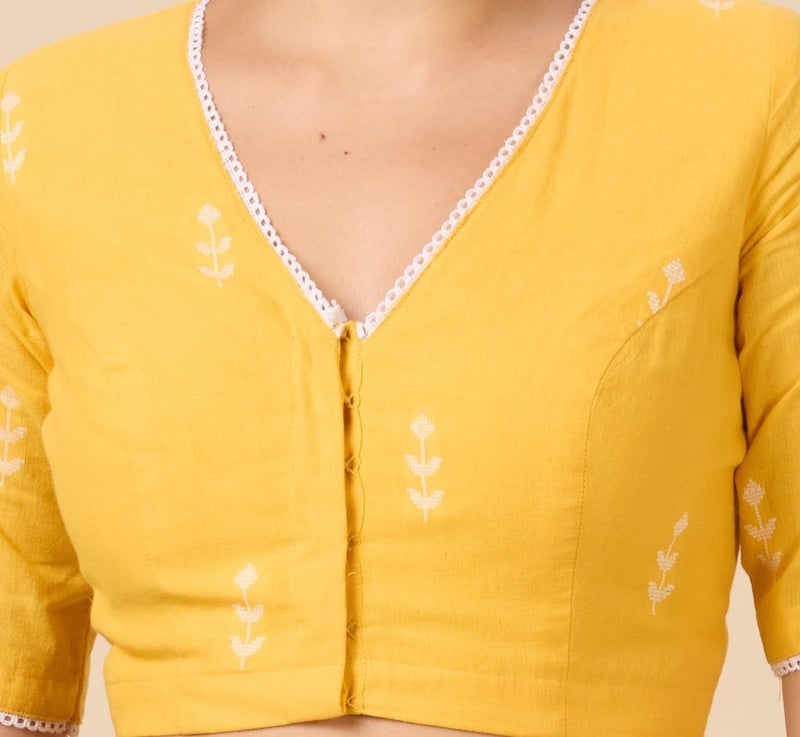 Studio Shringaar Women's Pure Handloom Cotton Saree Blouse with Delicate Woven Flowers (Yellow, 34) - Image 5