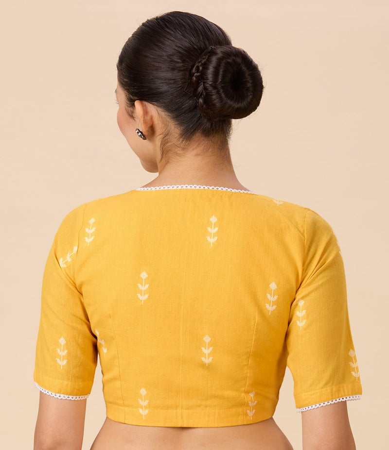Studio Shringaar Women's Pure Handloom Cotton Saree Blouse with Delicate Woven Flowers (Yellow, 34) - Image 2