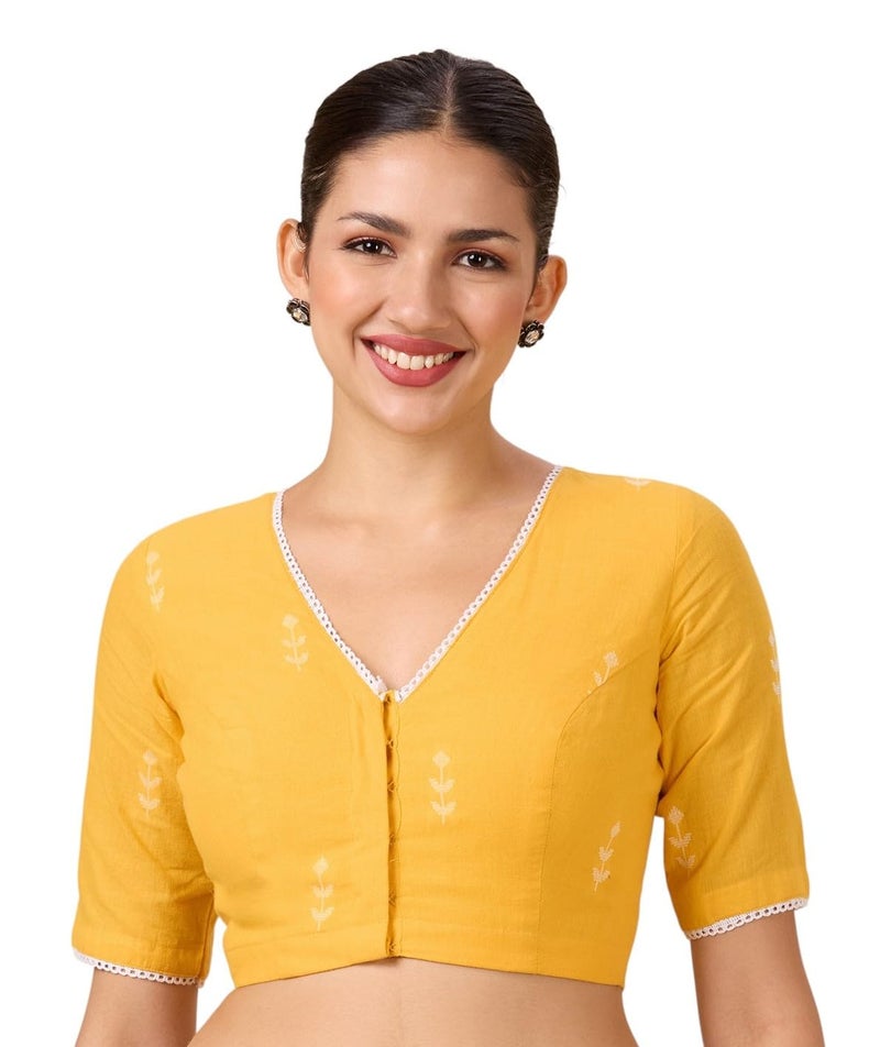 Studio Shringaar Women's Pure Handloom Cotton Saree Blouse with Delicate Woven Flowers (Yellow, 34) - Image 1