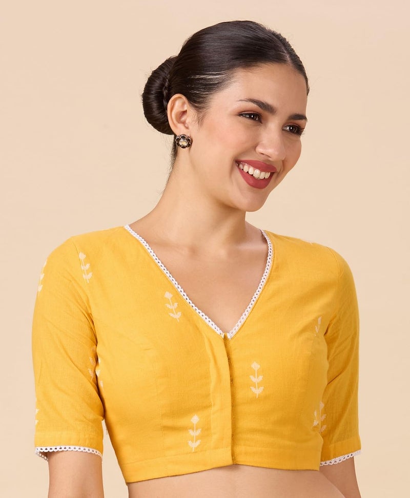 Studio Shringaar Women's Pure Handloom Cotton Saree Blouse with Delicate Woven Flowers (Yellow, 34) - Image 4