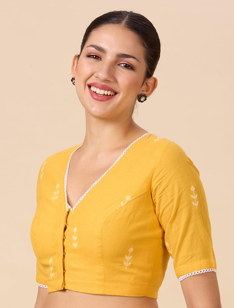 Studio Shringaar Women's Pure Handloom Cotton Saree Blouse with Delicate Woven Flowers (Yellow, 34) - Image 3