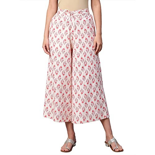 RATAN Women's Cotton Printed Loose Fit Flared Wide Leg Mid Rise Palazzo Pants (CFP-Cream-3X-Large) - Image 1
