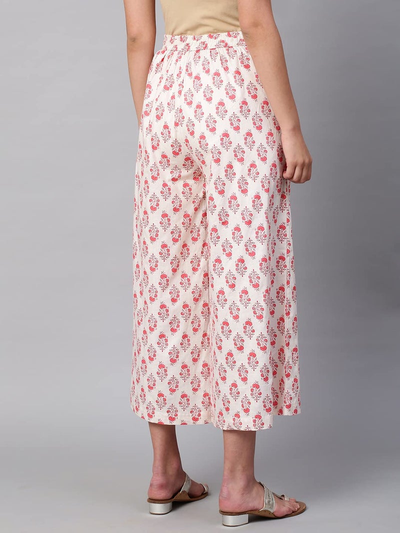 RATAN Women's Cotton Printed Loose Fit Flared Wide Leg Mid Rise Palazzo Pants (CFP-Cream-3X-Large) - Image 4