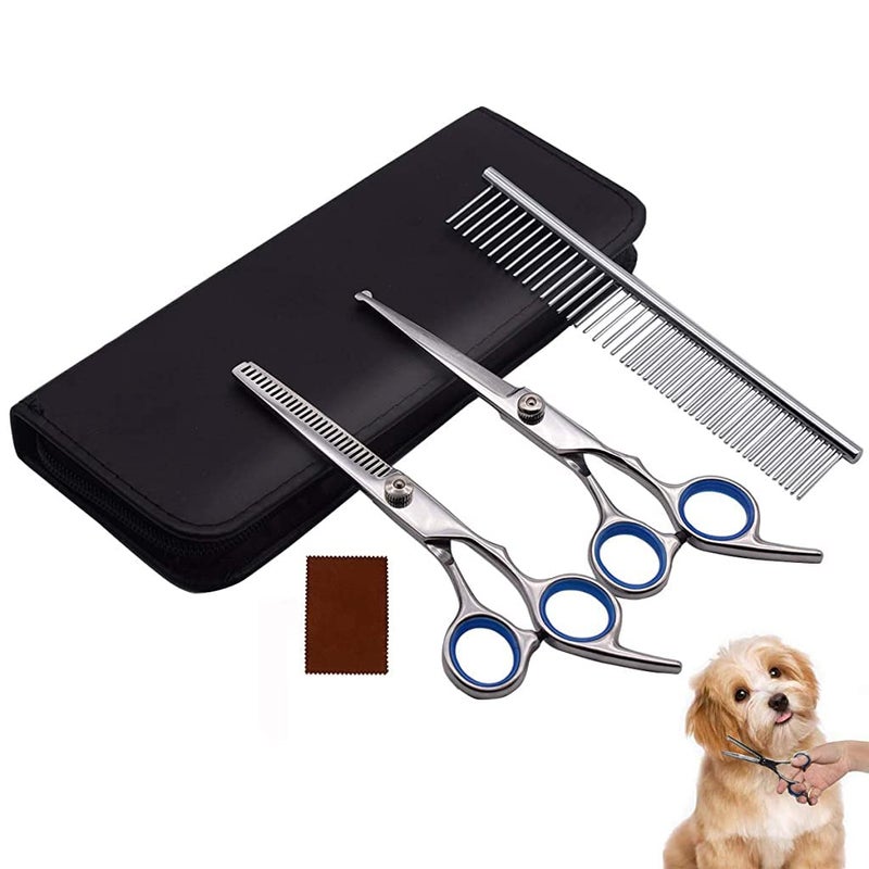 Qpets® ® Dog Grooming Scissors Kit with Safety Round Tips Stainless Steel Professional Dog Hair Cutting Scissors - Thinning, Straight, Curved Shears and Comb for Long Short Hair for Dog Cats(3 PCS) - Image 1