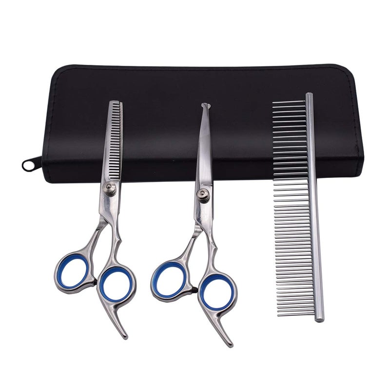 Qpets® ® Dog Grooming Scissors Kit with Safety Round Tips Stainless Steel Professional Dog Hair Cutting Scissors - Thinning, Straight, Curved Shears and Comb for Long Short Hair for Dog Cats(3 PCS) - Image 2