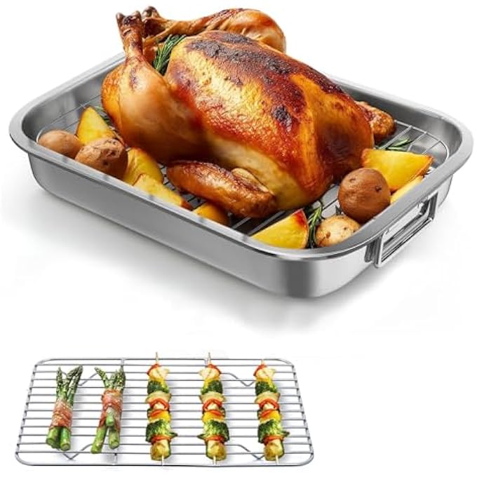 U-HOOME 165 Inch Roasting Pan Stainless Steel Oven Tray With Baking Rack NonStick Deep Broiling Roaster Pan With Handles For Turkey Chicken Vegetable Lasagna - Image 1