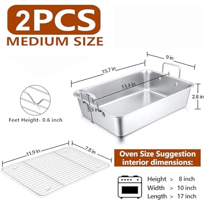 U-HOOME 165 Inch Roasting Pan Stainless Steel Oven Tray With Baking Rack NonStick Deep Broiling Roaster Pan With Handles For Turkey Chicken Vegetable Lasagna - Image 3
