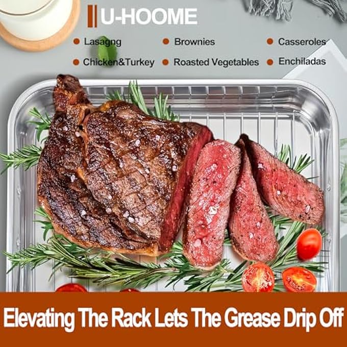 U-HOOME 165 Inch Roasting Pan Stainless Steel Oven Tray With Baking Rack NonStick Deep Broiling Roaster Pan With Handles For Turkey Chicken Vegetable Lasagna - Image 5