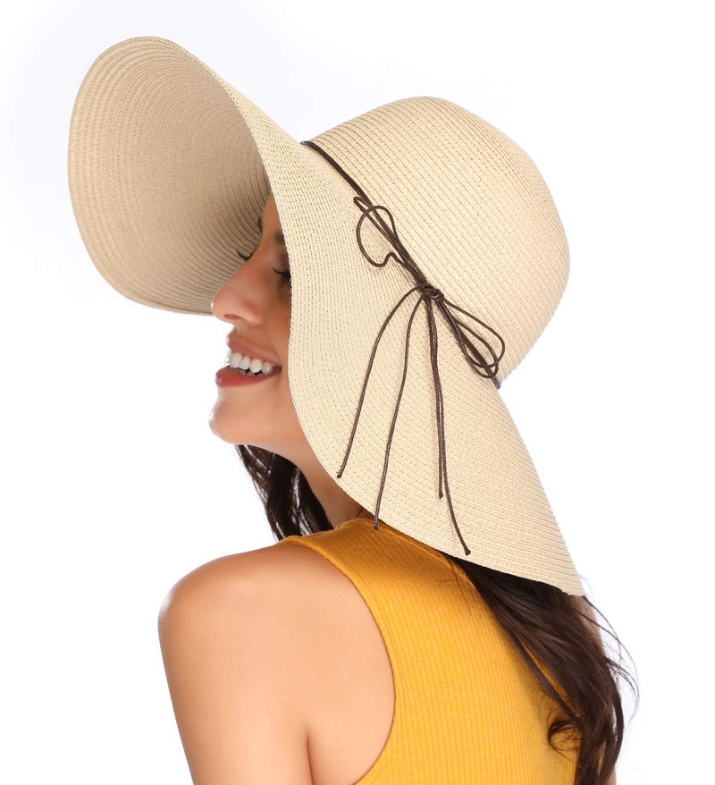 Lanzom Womens Wide Brim Straw Hat Big Floppy Foldable Roll up Cap Beach Sun Hat UPF 50+(String-Beige) - Image 3