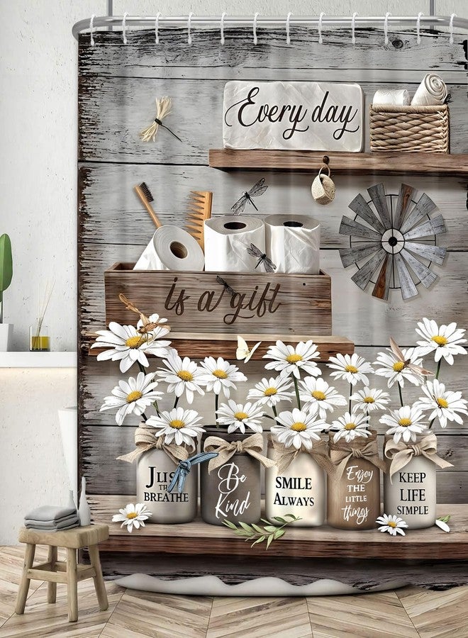 Famiffty Rustic Daisy Vintage Country Flower Shower Curtain 60Wx72L Inch Farmhouse Butterfly Brown Floral Wooden Plank Inspirational Cottage Style Bathroom Decor Waterproof Fabric 12 Plastic Hooks - Image 2