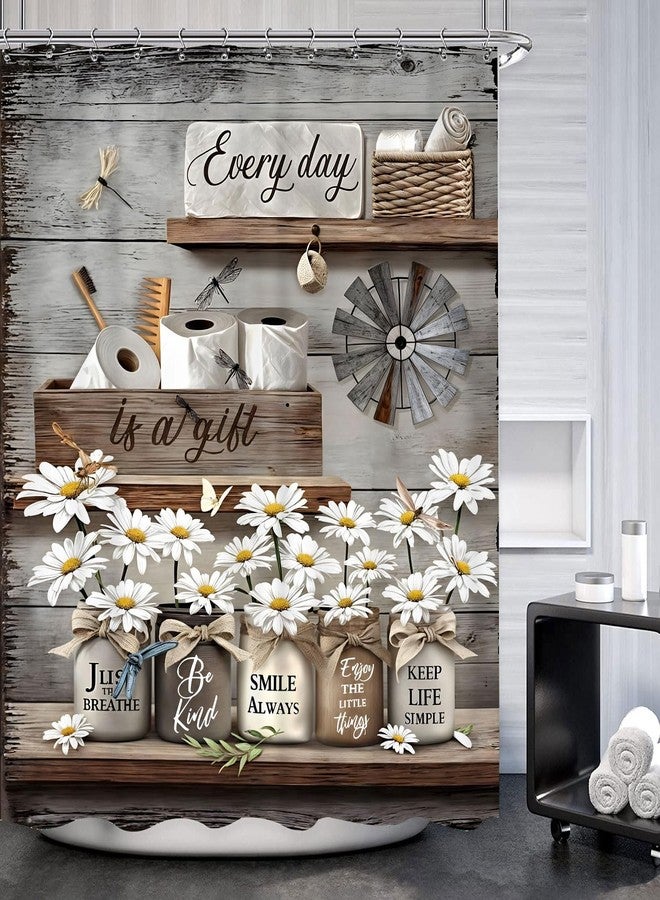 Famiffty Rustic Daisy Vintage Country Flower Shower Curtain 60Wx72L Inch Farmhouse Butterfly Brown Floral Wooden Plank Inspirational Cottage Style Bathroom Decor Waterproof Fabric 12 Plastic Hooks - Image 3