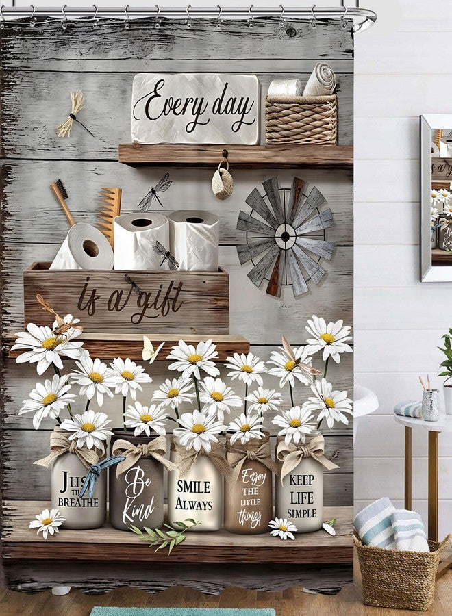 Famiffty Rustic Daisy Vintage Country Flower Shower Curtain 60Wx72L Inch Farmhouse Butterfly Brown Floral Wooden Plank Inspirational Cottage Style Bathroom Decor Waterproof Fabric 12 Plastic Hooks - Image 1