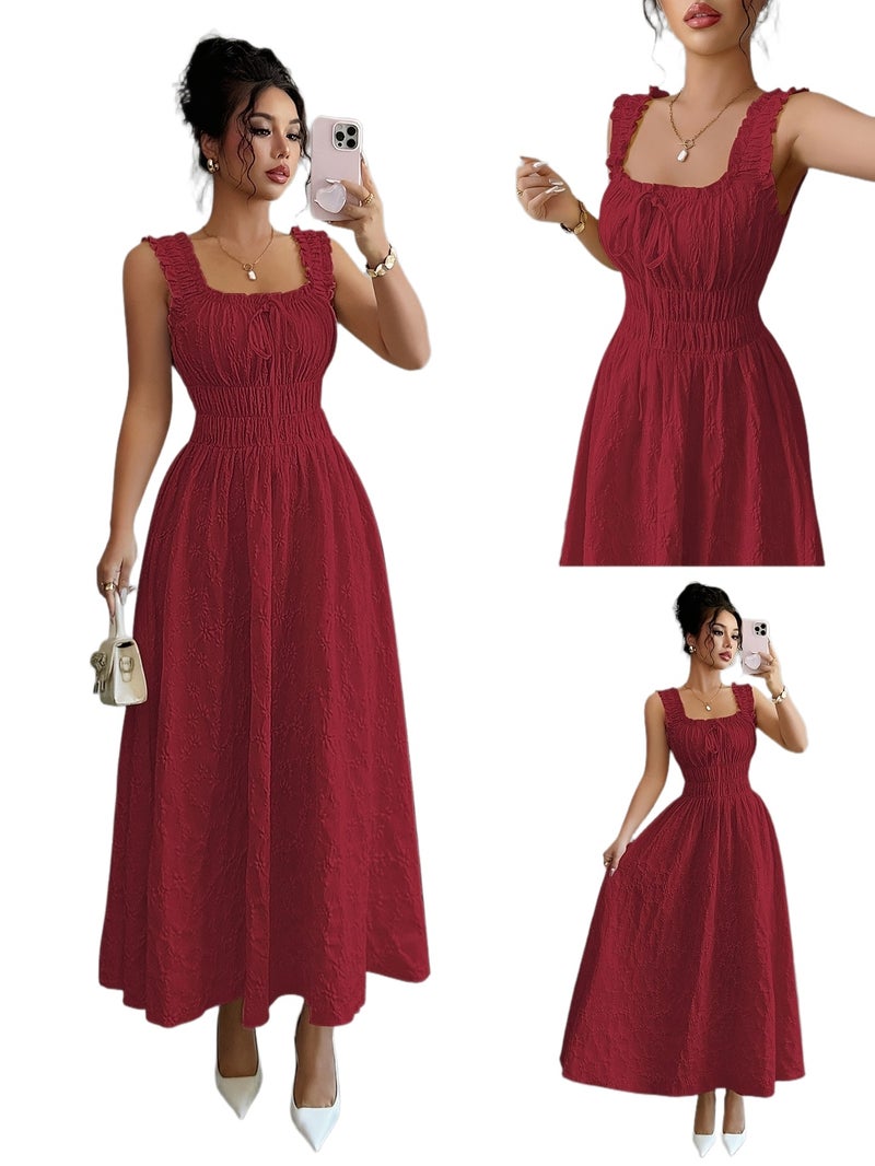 New Women's Textured Floral Fabric Dress with Spaghetti Straps and Bow Waist Design - Elegant and Versatile Women's Dress for Parties, Date Nights, 1pc Style, Suitable for Buen Fin Shoppi... - Image 1