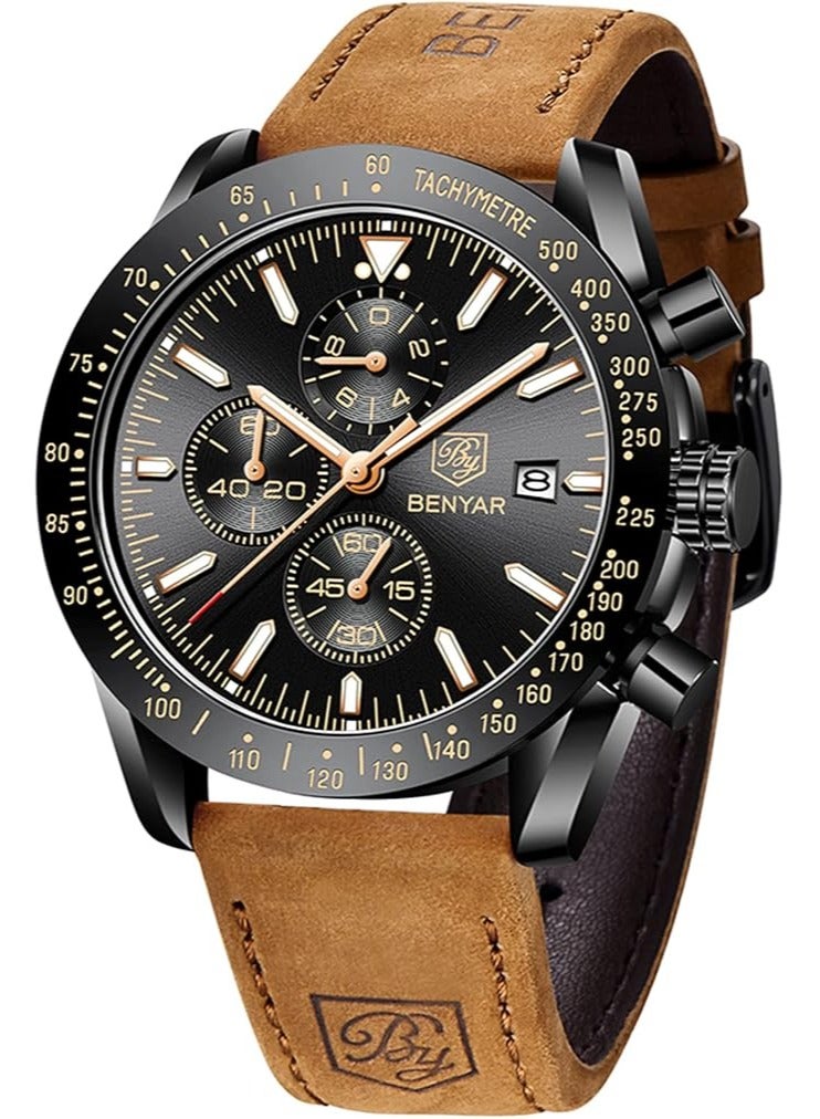 BENYAR Mens Watch Waterproof Chronograph Date Watch for Men Brown Leather Strap Quartz Movement Analog Watch Business Casual Gift for Men - Image 1