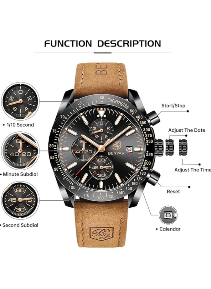 BENYAR Mens Watch Waterproof Chronograph Date Watch for Men Brown Leather Strap Quartz Movement Analog Watch Business Casual Gift for Men - Image 5