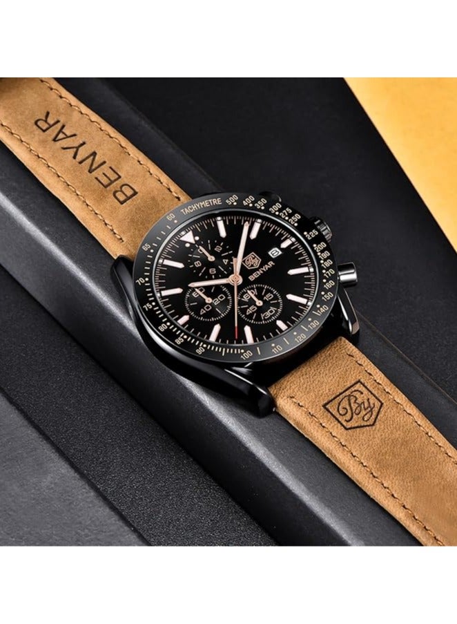 BENYAR Mens Watch Waterproof Chronograph Date Watch for Men Brown Leather Strap Quartz Movement Analog Watch Business Casual Gift for Men - Image 4
